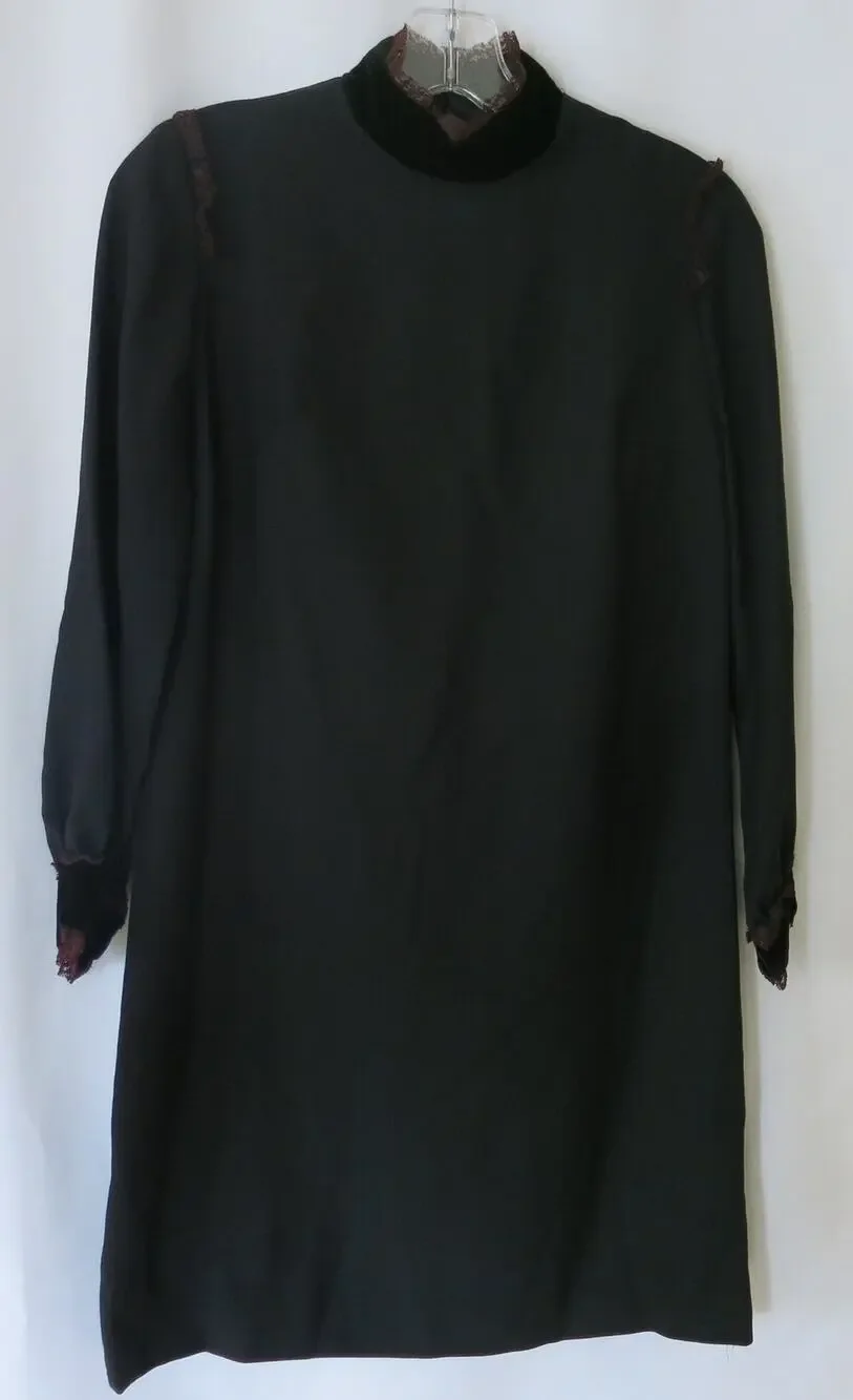 Vintage Black Dress 70s Velvet Lace Size M** Women  Knee Length Party Cocktail